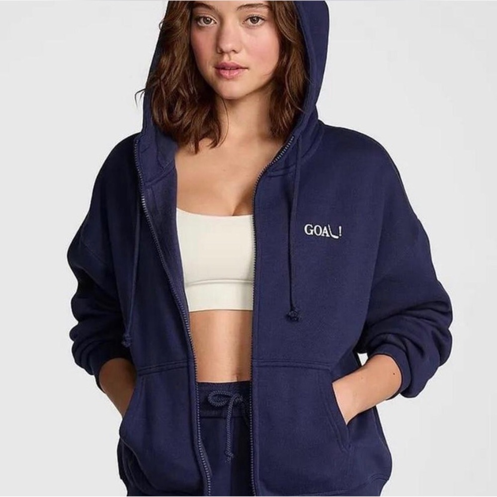 Victoria Secret Pink Women's Navy Zip-Up Hoodie L